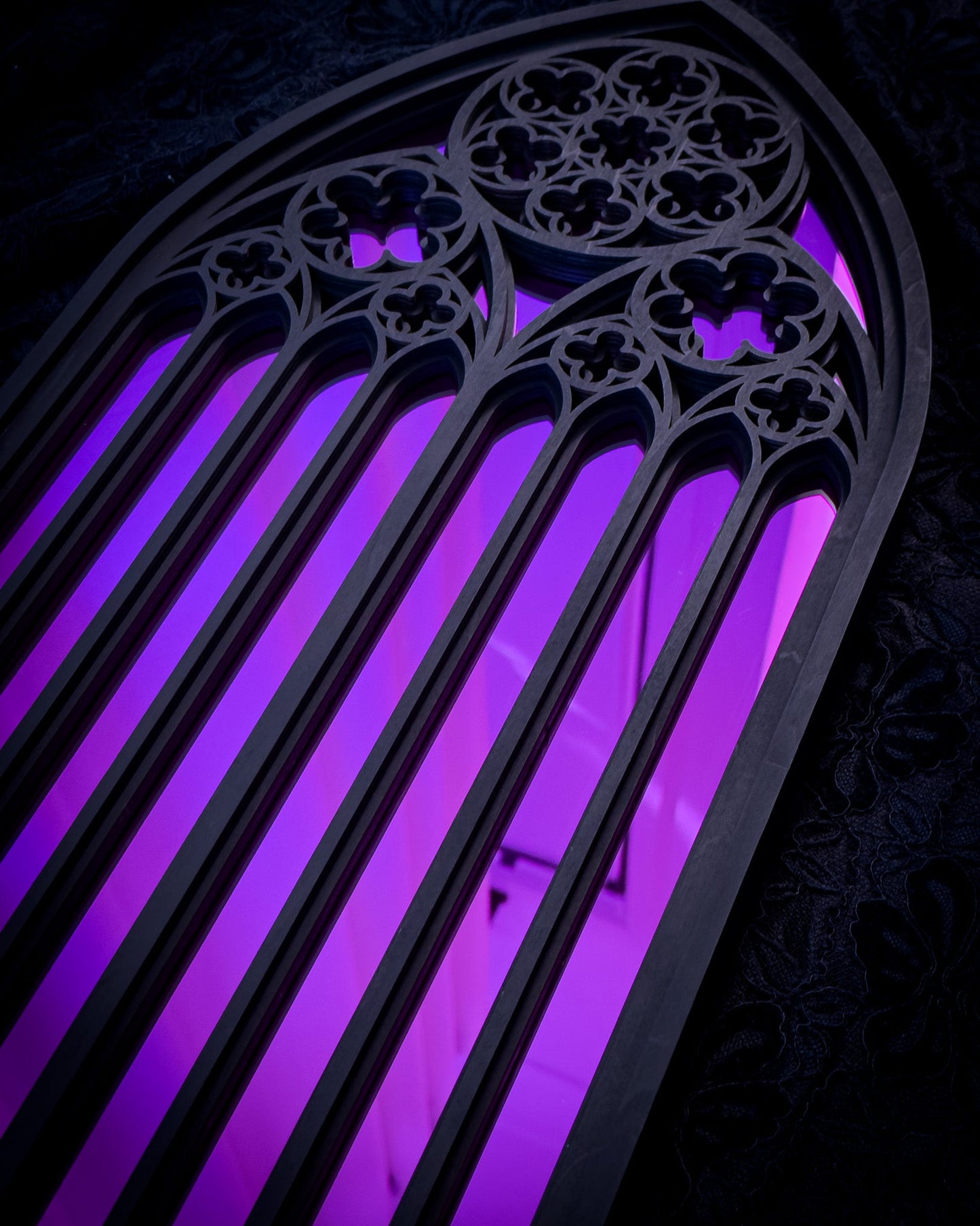Close-up of St Mary’s Cathedral arch mirror in purple, detailed gothic tracery mirror inspired by Sydney cathedral architecture