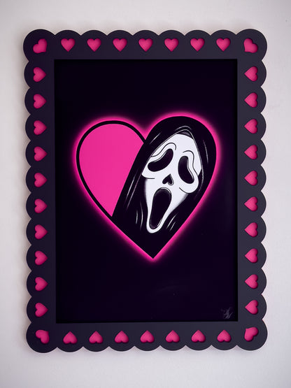 Masked Heart Gothic Art Print Neon Pink