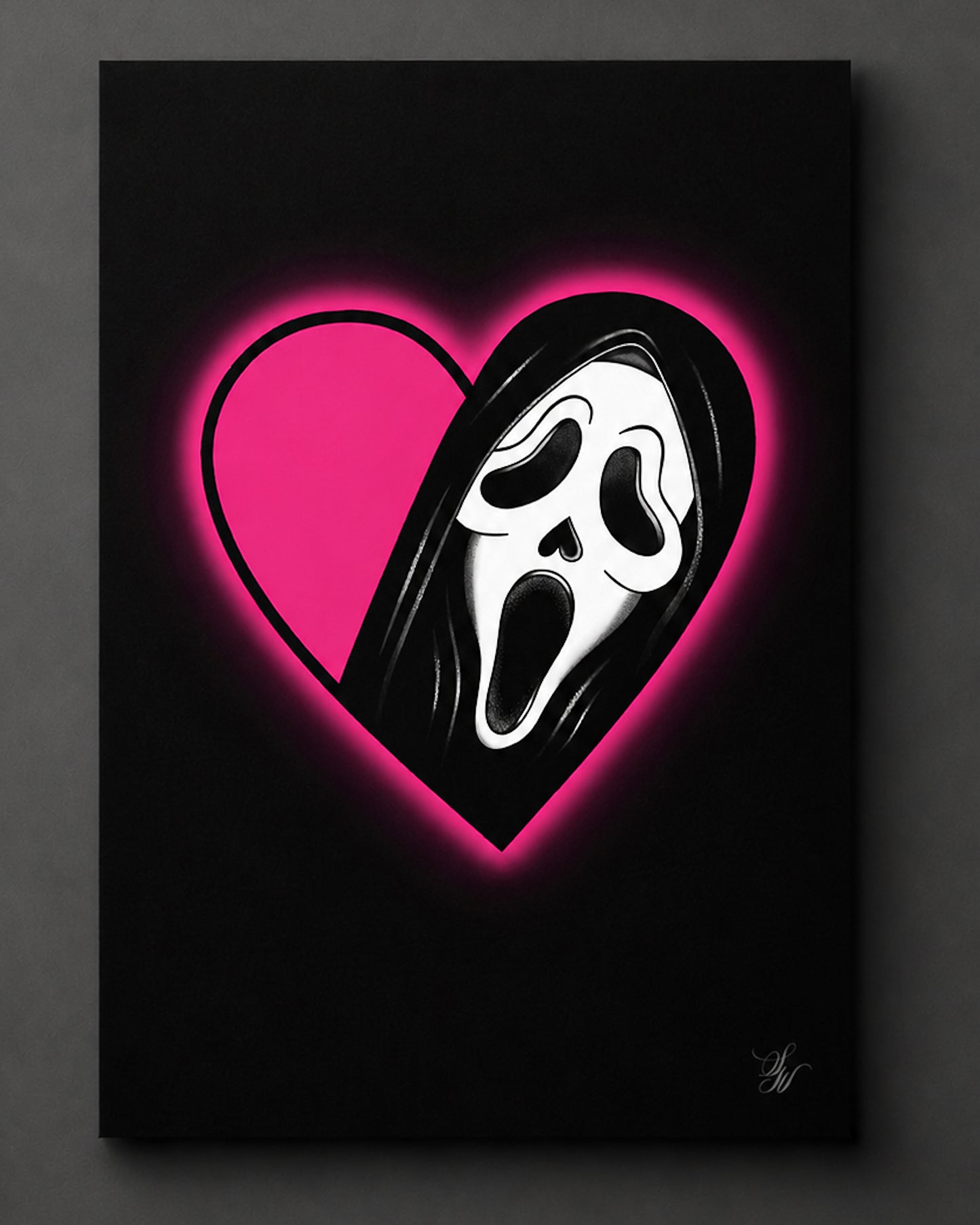 Masked Heart Gothic Art Print Neon Pink