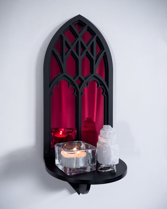 Salem Witch Museum cathedral wall shelf in black layered acrylic with red mirror centre