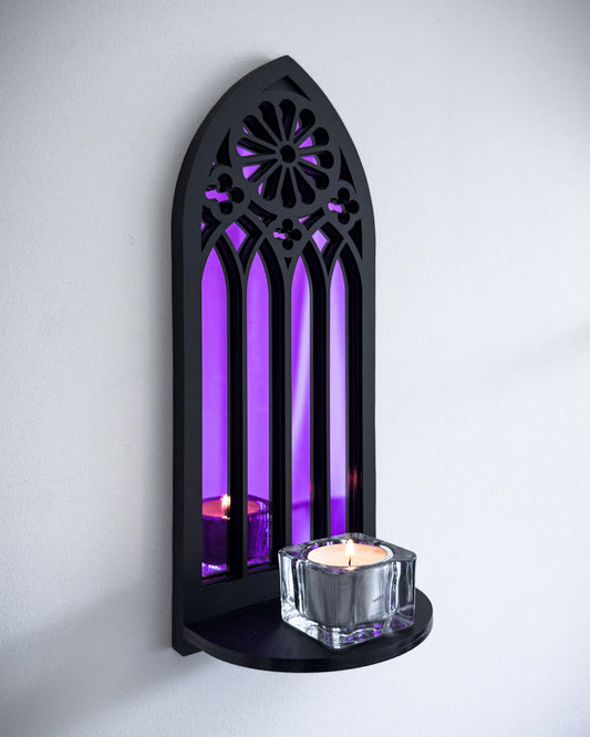 Rose window wall shelf in black layered acrylic with purple mirror backing and candle display