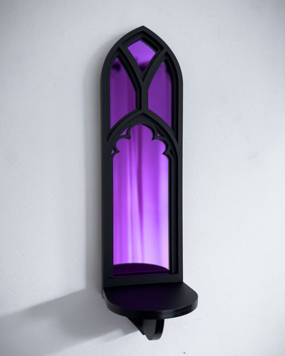 Salem Witch Museum cathedral wall shelf in black layered acrylic with purple mirror centre