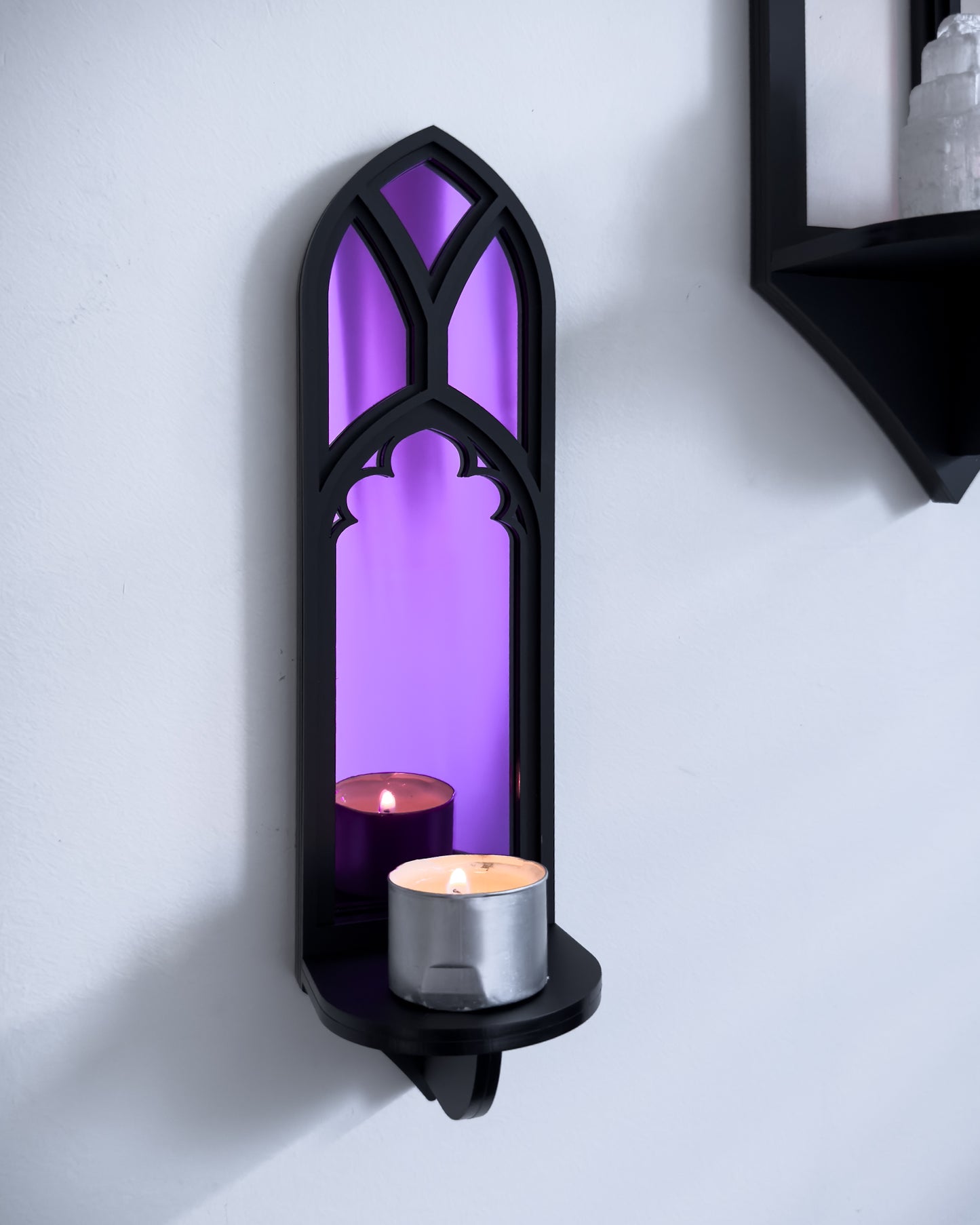 Salem Witch Museum cathedral wall shelf in black layered acrylic with purple mirror centre and candle display