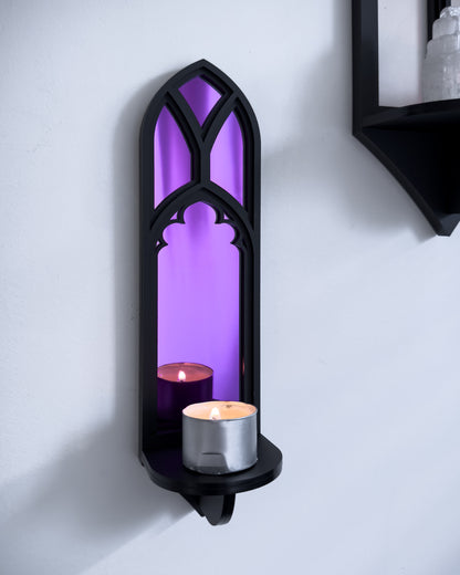 Salem Witch Museum cathedral wall shelf in black layered acrylic with purple mirror centre and candle display