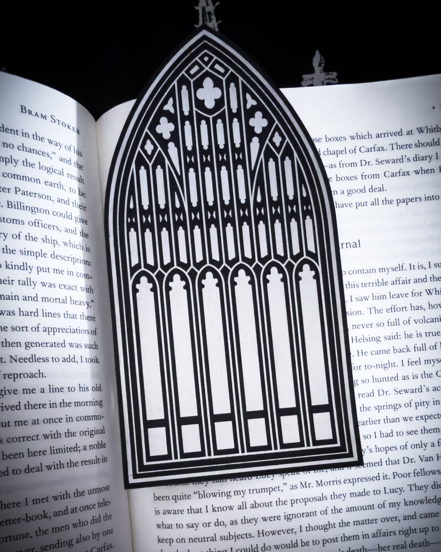Salem Witch Museum gothic window bookmark in black land silver leatherette in an open book