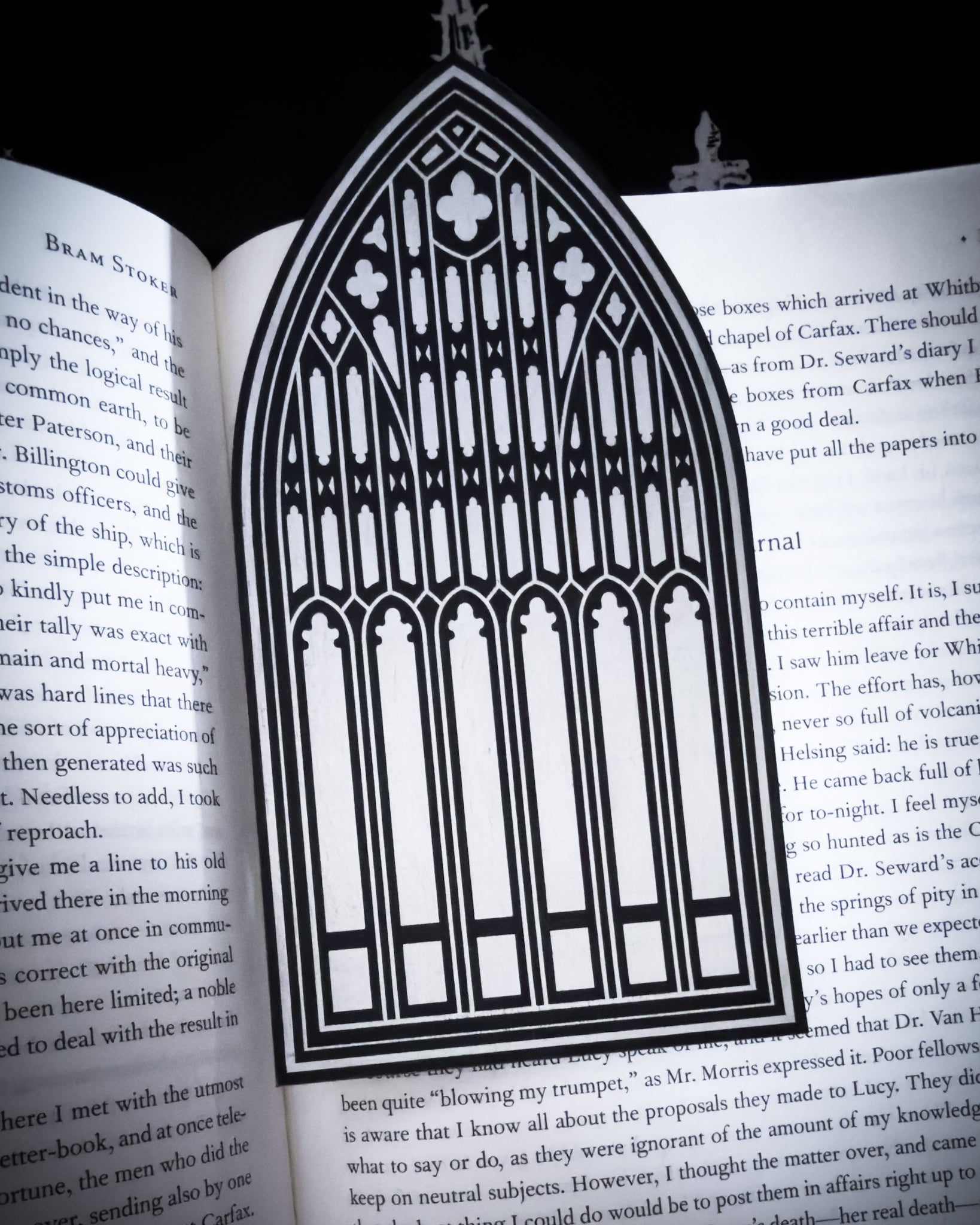 Salem Witch Museum gothic window bookmark in black land silver leatherette in an open book