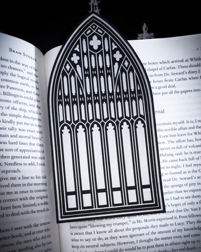 Salem Witch Museum gothic window bookmark in black land silver leatherette in an open book