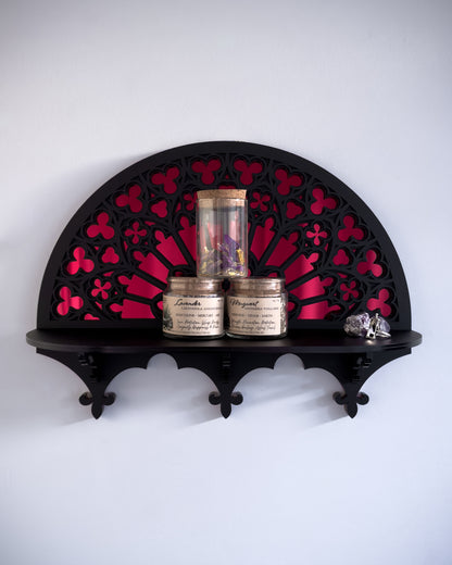 Styled Notre Dame rose window wall shelf with mirror backing and gothic decor accents