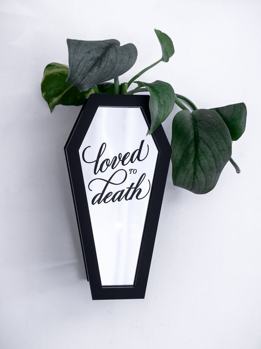 Black coffin wall propagation vase with engraved mirror front and trailing plant cutting