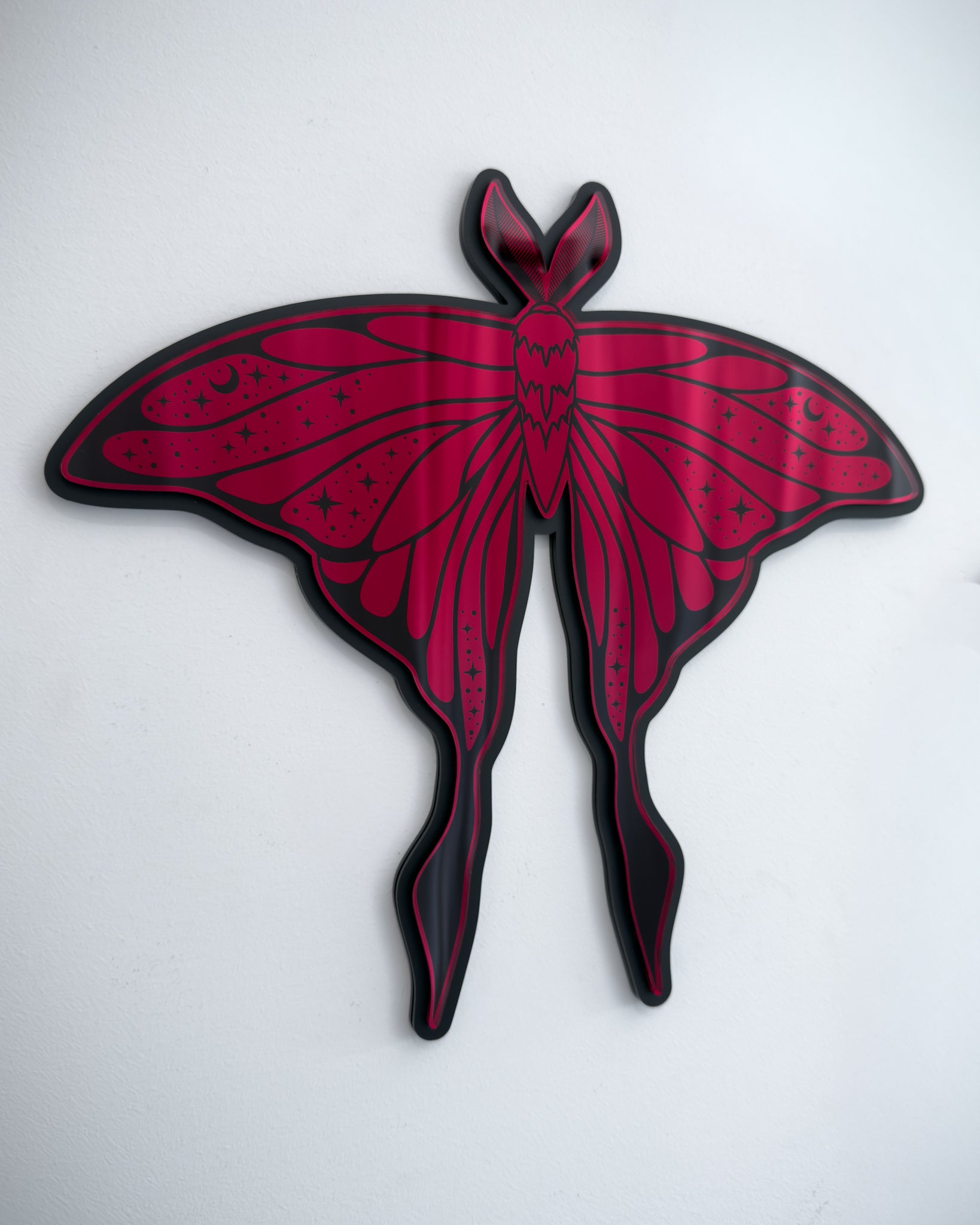 Red luna moth mirror gothic art mounted on white wall