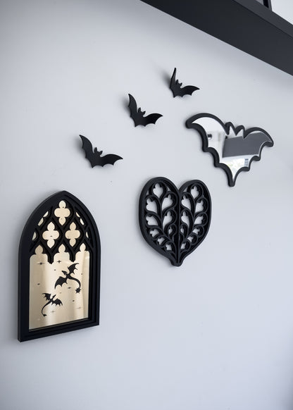 Gothic gallery wall with cathedral mirror, heart of Yorkshire tracery wall art and acrylic bats