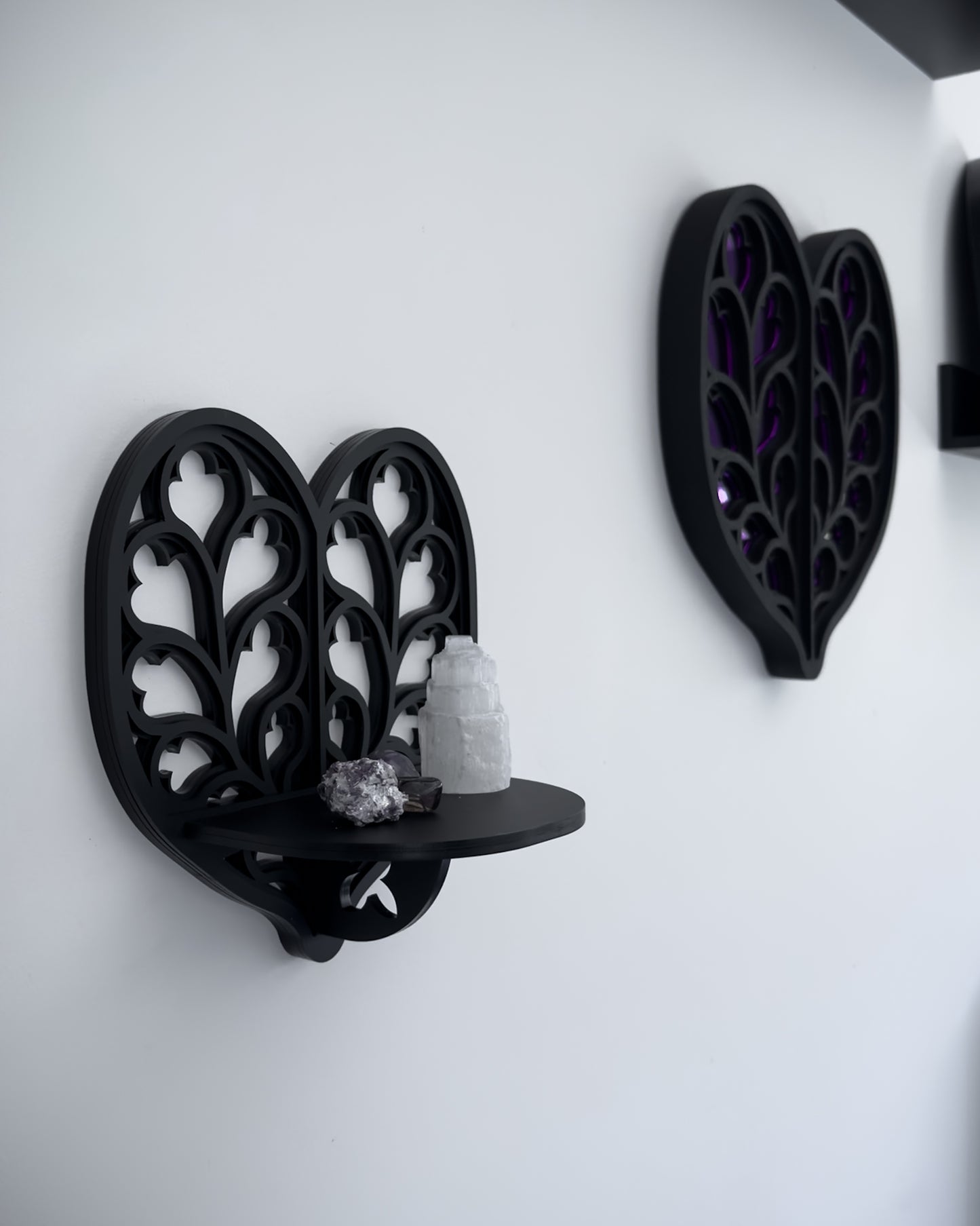 Side view of Heart of Yorkshire cathedral tracery wall shelf in black layered acrylic