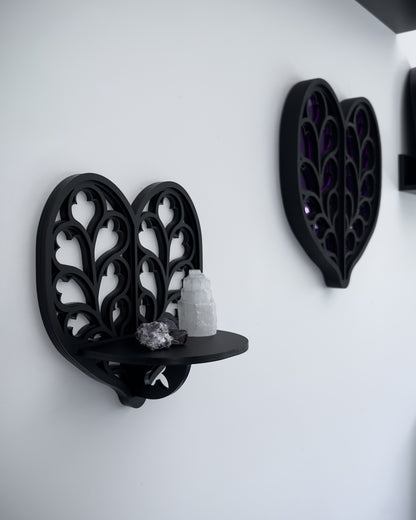 Side view of Heart of Yorkshire cathedral tracery wall shelf in black layered acrylic