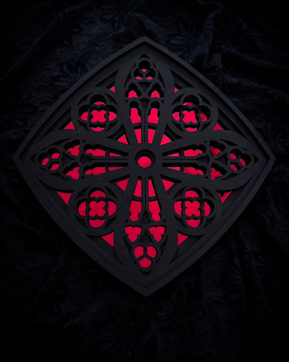 Cologne Cathedral window in black layered wood with red acrylic mirror centre