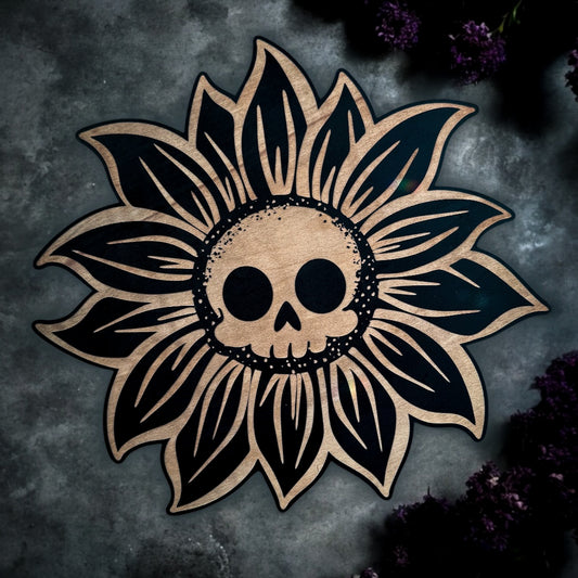 Woodcut Death Head Sunflower | Gothic Engraved Wall Art