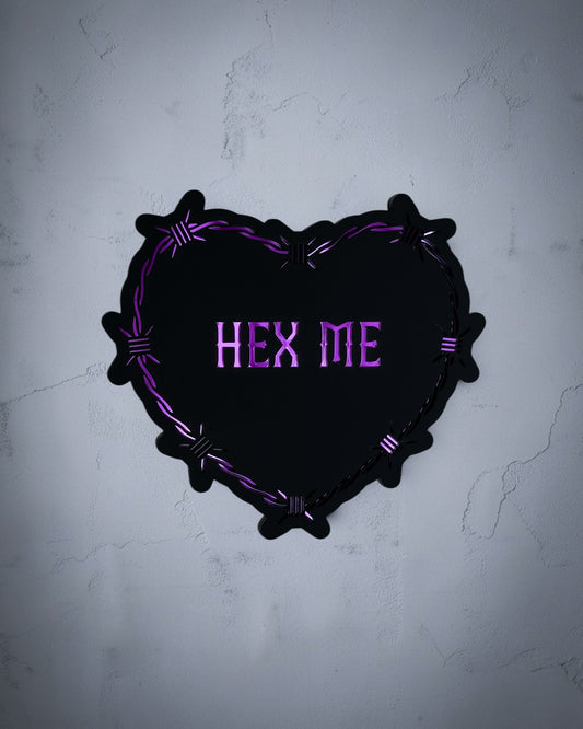 Hex me gothic heart wall art with barbed wire design in purple on textured grey wall