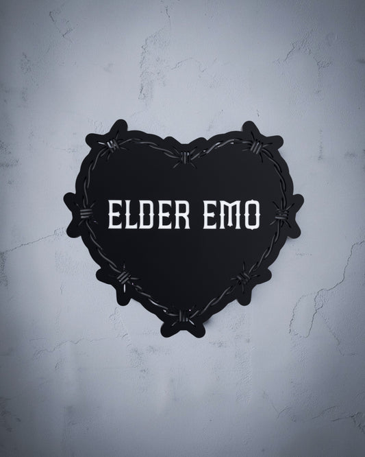 Elder emo gothic heart wall art with barbed wire design in black and white acrylic on textured grey wall