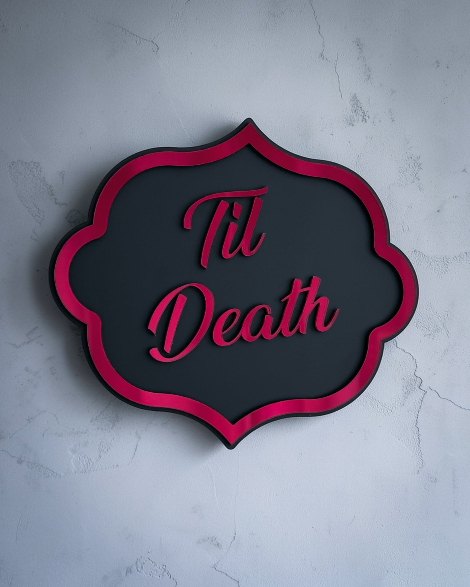 Til death gothic wall art plaque in red mirror on textured grey wall