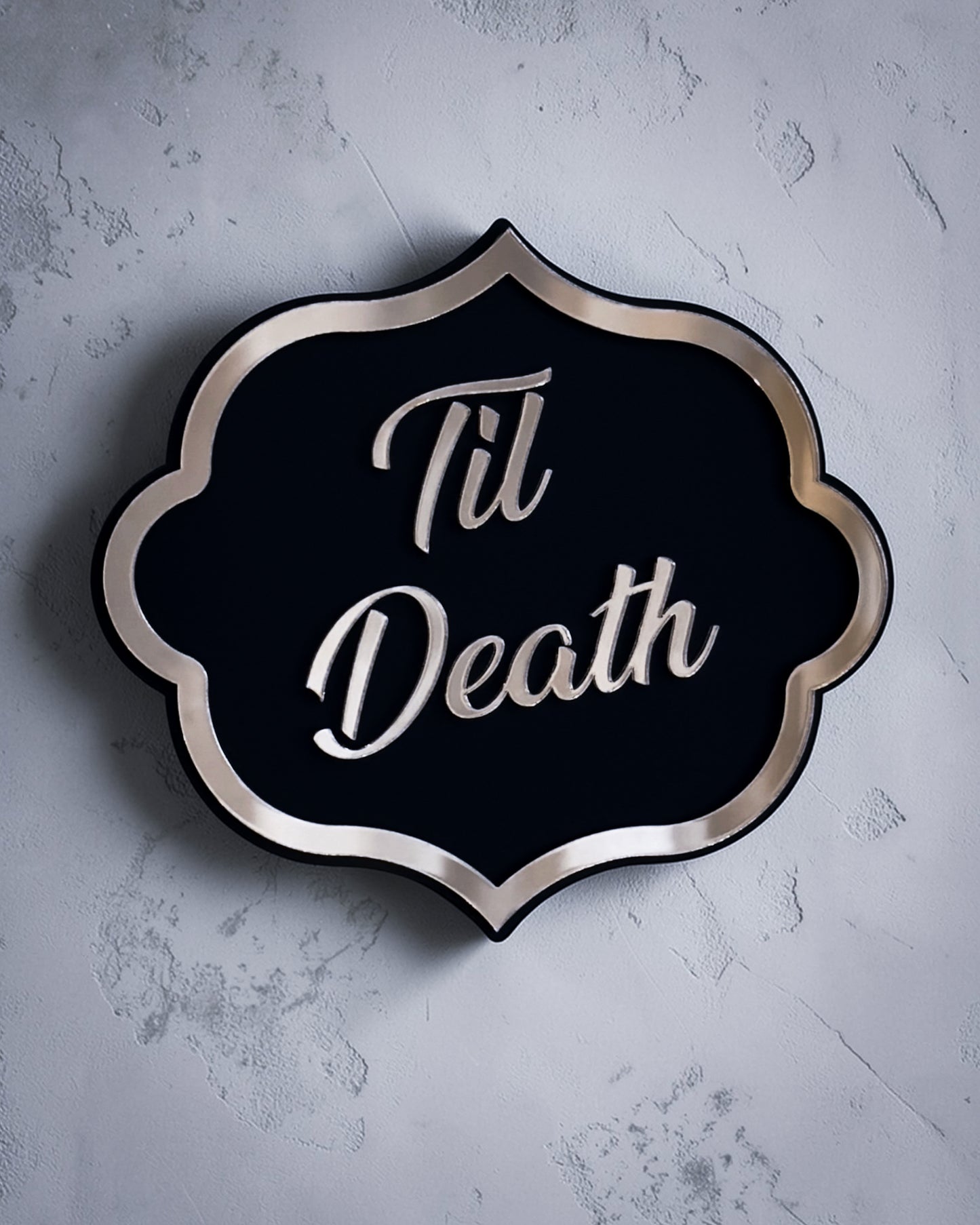 Til death gothic wall art plaque in gold mirror on textured grey wall