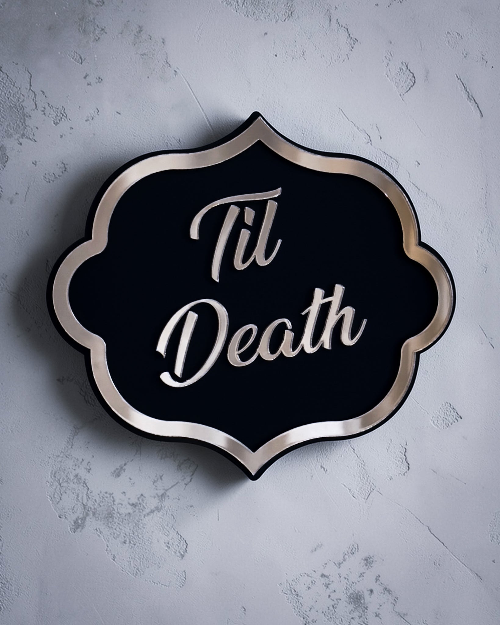 Til death gothic wall art plaque in gold mirror on textured grey wall