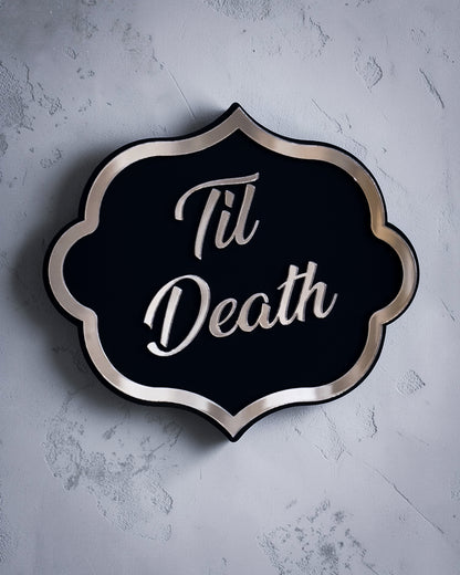 Til death gothic wall art plaque in gold mirror on textured grey wall