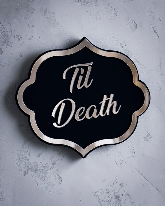 Til death gothic wall art plaque in gold mirror on textured grey wall