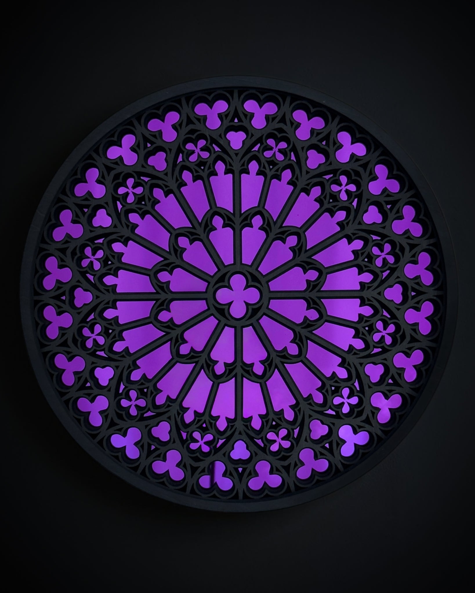 Notre Dame cathedral rose window mirror wall art in black stained wood with purple mirror centre