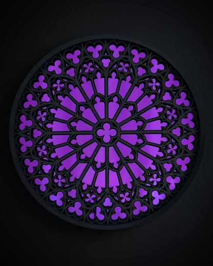 Notre Dame cathedral rose window mirror wall art in black stained wood with purple mirror centre