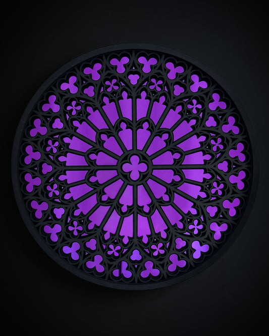 Notre Dame cathedral rose window mirror wall art in black stained wood with purple mirror centre