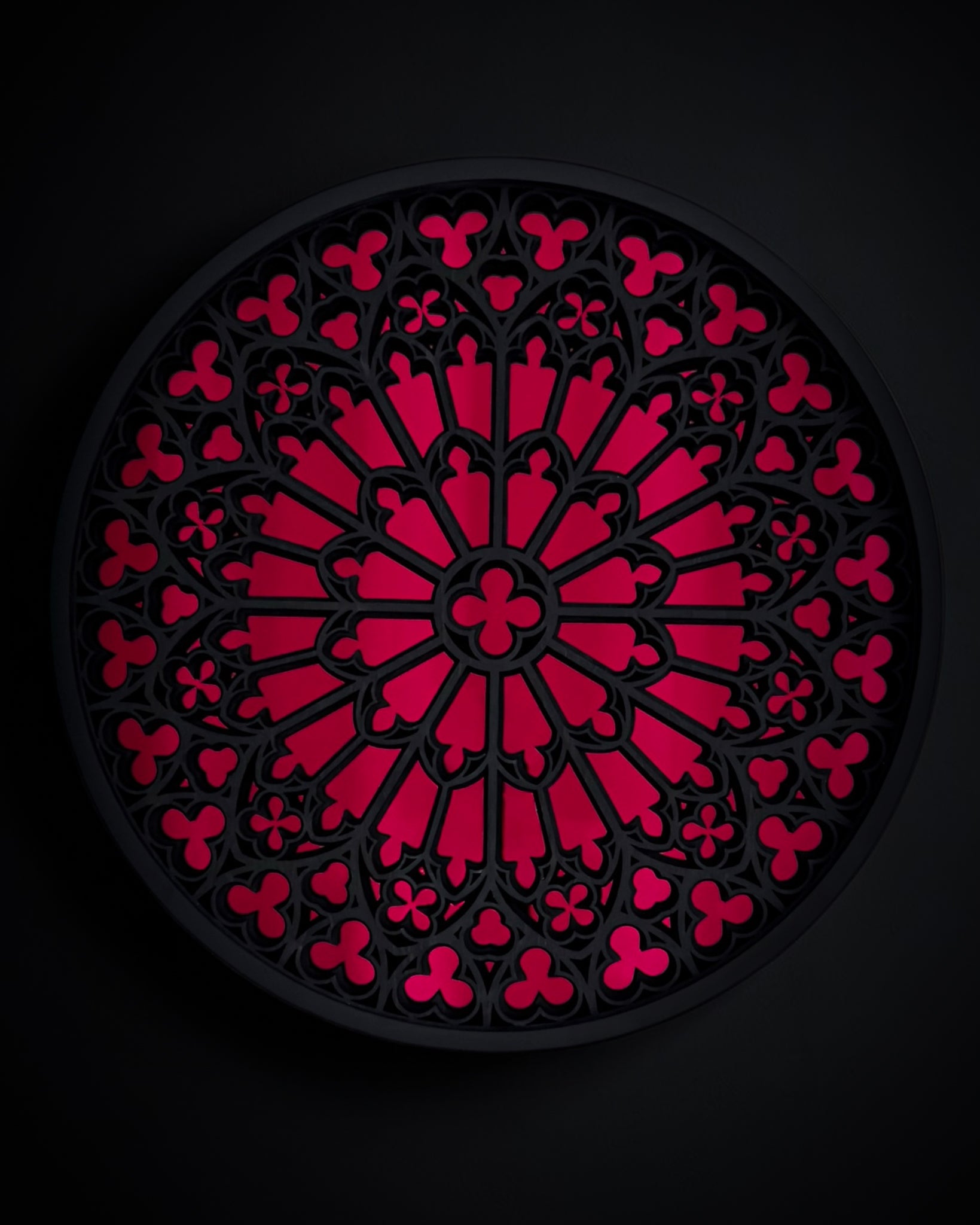 Notre Dame cathedral rose window mirror wall art in black stained wood with red mirror centre