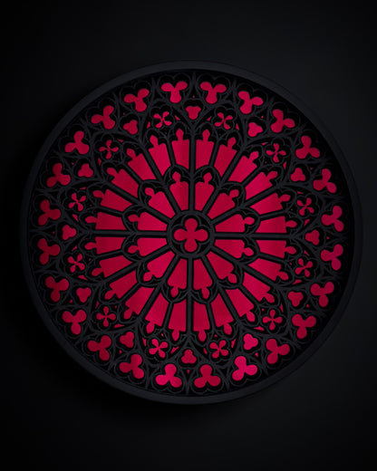 Notre Dame cathedral rose window mirror wall art in black stained wood with red mirror centre