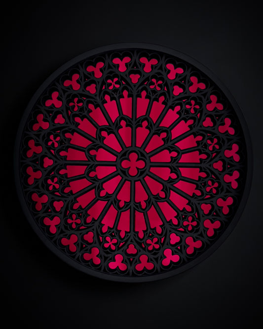 Notre Dame cathedral rose window mirror wall art in black stained wood with red mirror centre