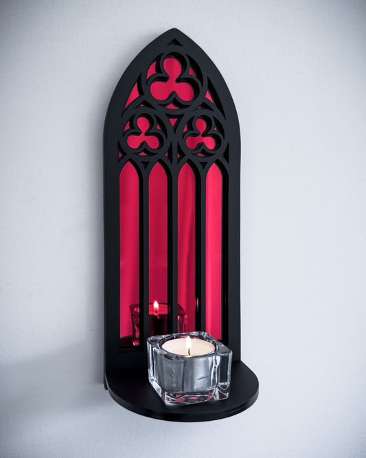 Gothic cathedral wall shelf in black layered acrylic with red mirror inset and candle display
