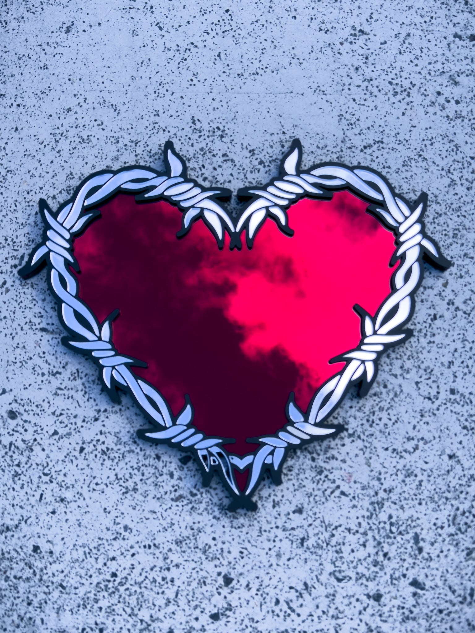 Silver and red  barbed wire heart mirror in layered acrylic gothic wall decor