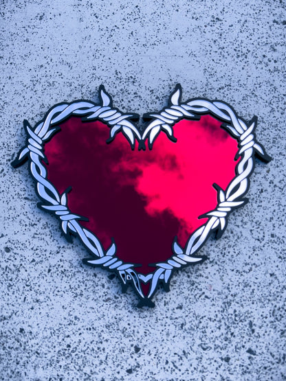 Silver and red  barbed wire heart mirror in layered acrylic gothic wall decor