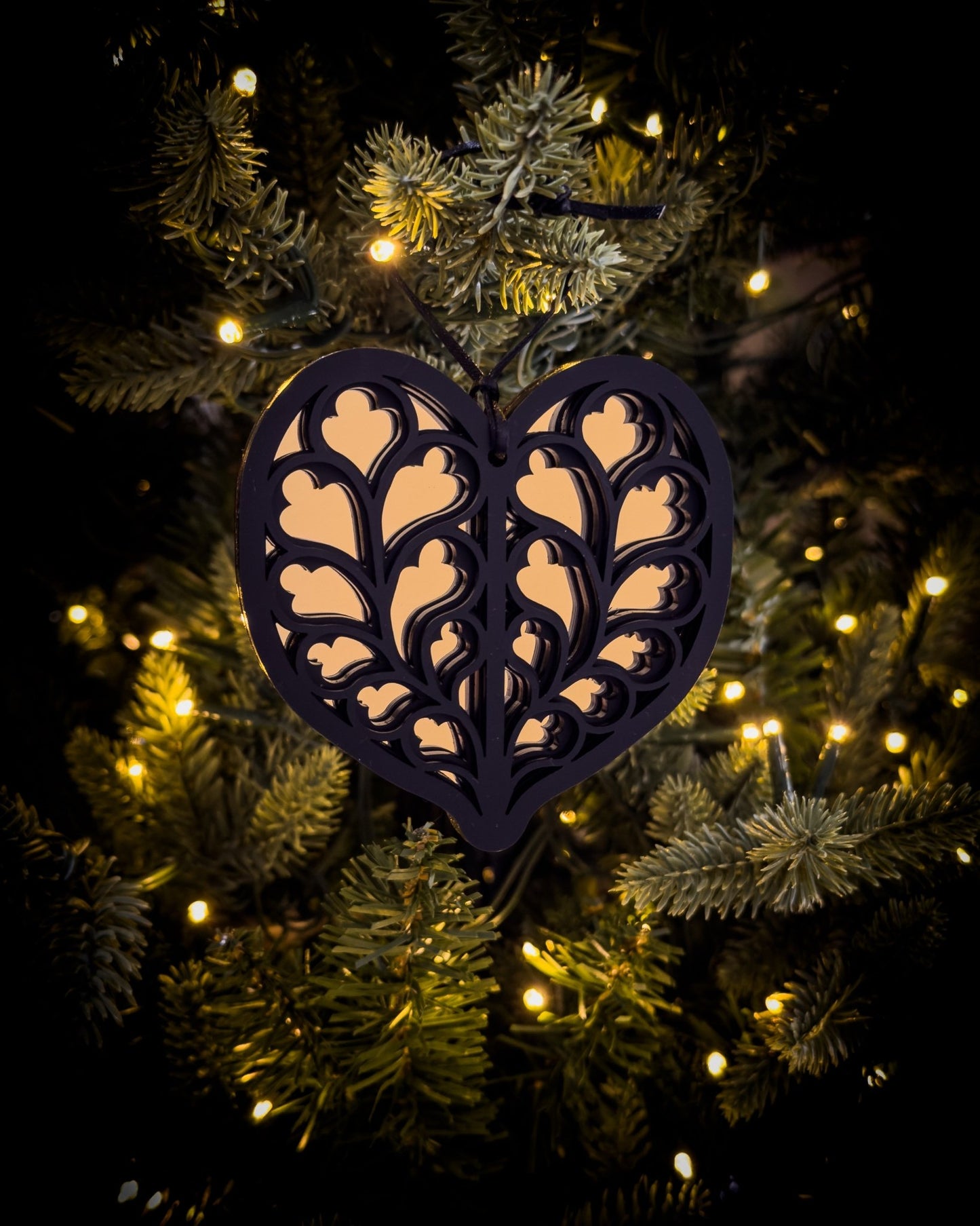 Gold gothic cathedral heart ornament inspired by Heart of Yorkshire on Christmas tree