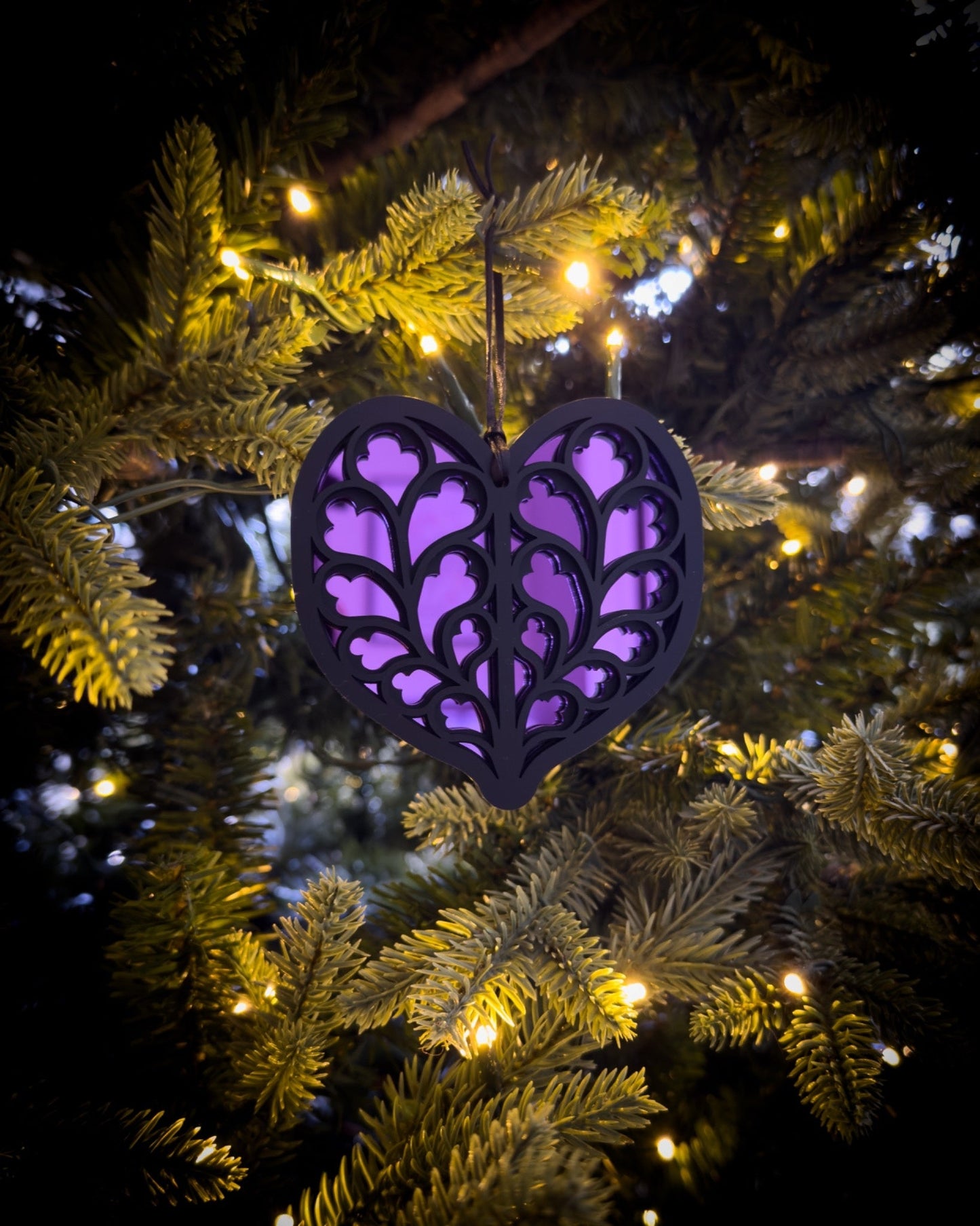 Purple Gothic cathedral heart ornament inspired by Heart of Yorkshire on Christmas tree