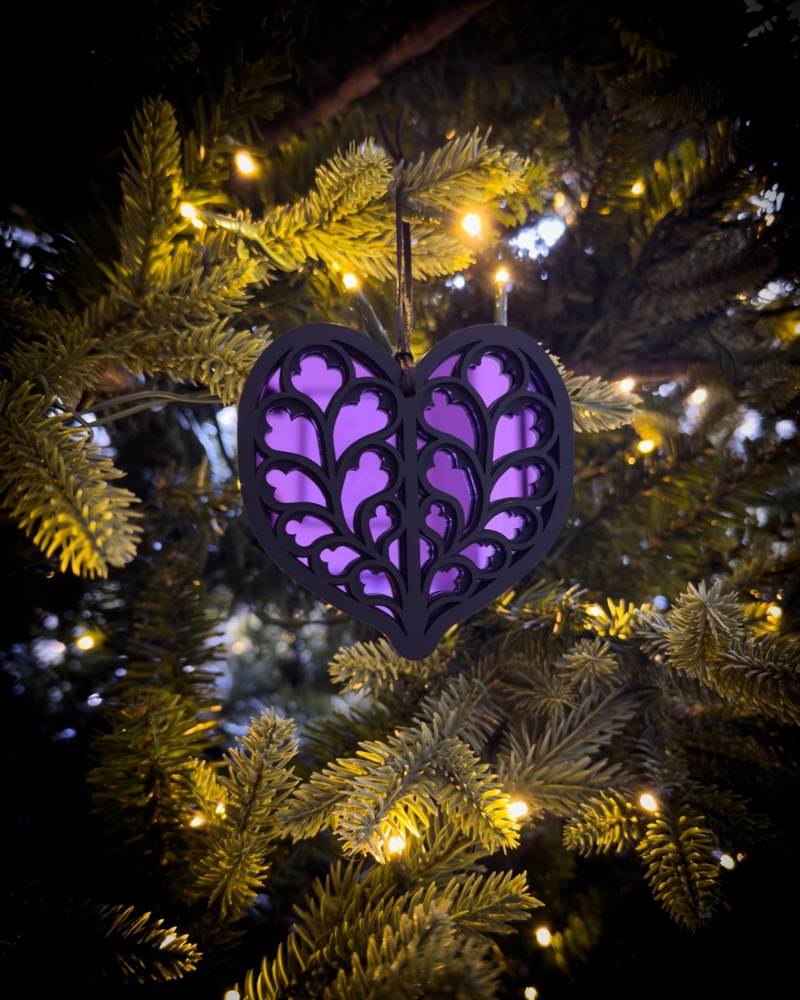 Purple Gothic cathedral heart ornament inspired by Heart of Yorkshire on Christmas tree