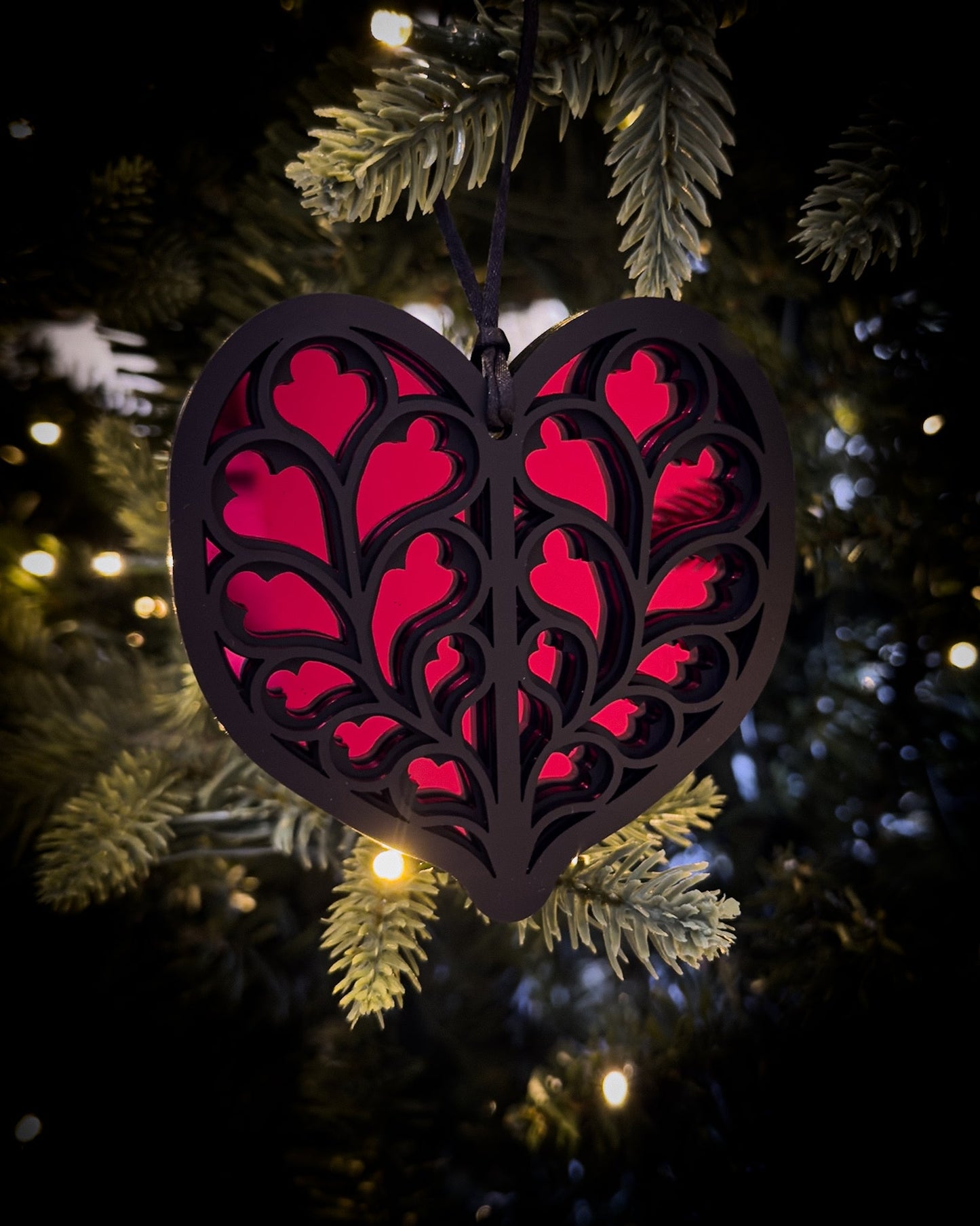 Red Gothic cathedral heart ornament inspired by Heart of Yorkshire on Christmas tree
