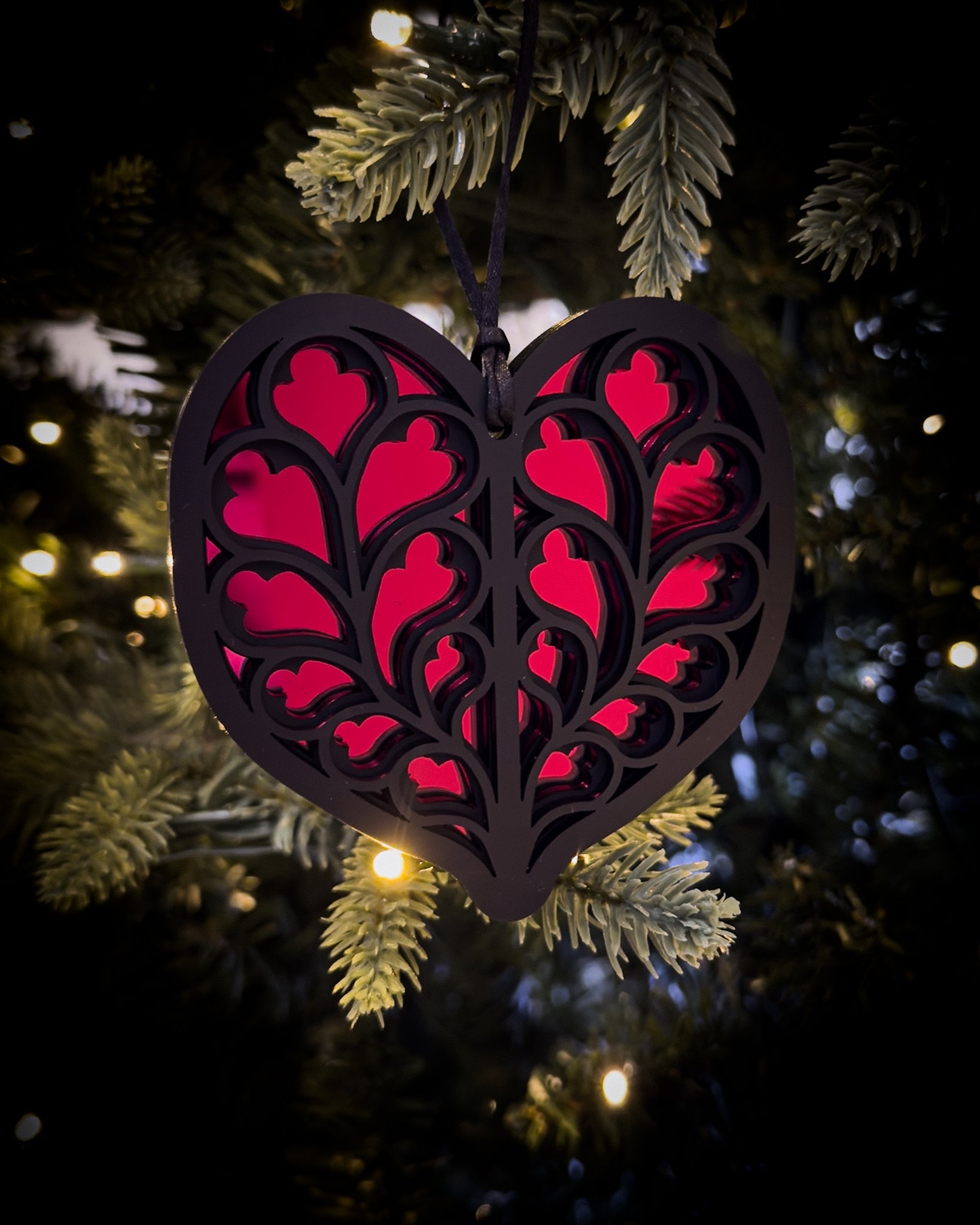 Red Gothic cathedral heart ornament inspired by Heart of Yorkshire on Christmas tree