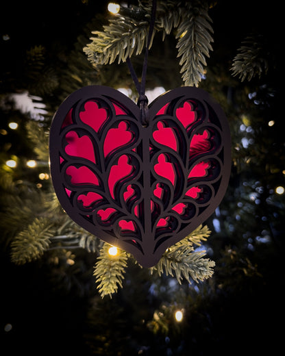 Red Gothic cathedral heart ornament inspired by Heart of Yorkshire on Christmas tree