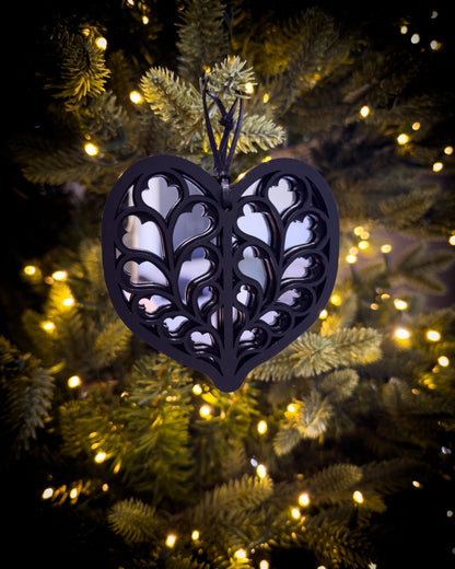 Silver Gothic cathedral heart ornament inspired by Heart of Yorkshire on Christmas tree