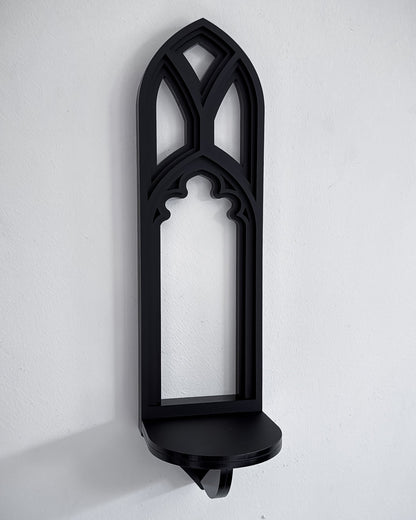 Close-up of mini Salem gothic tracery cathedral wall shelf in black layered acrylic