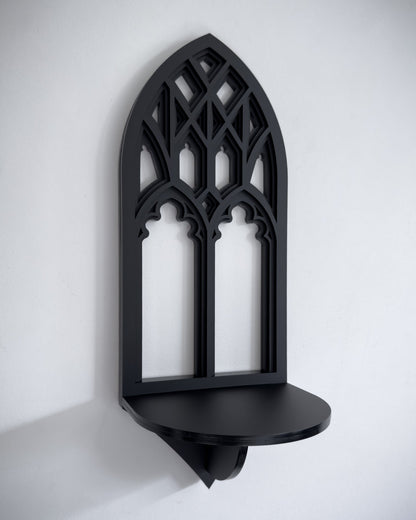 Close-up of Salem gothic tracery cathedral wall shelf in black layered acrylic