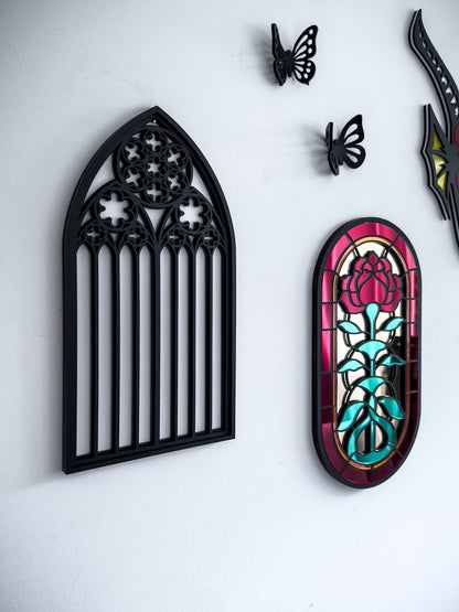 St Mary’s Cathedral tracery wall art in black layered acrylic shown with gothic stained glass style window wall art
