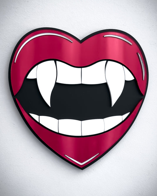 Gothic vampire lips mirror wall art in red acrylic with fangs and black centre