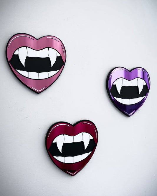 Gothic vampire lips mirror wall art in red, pink and purple acrylic with fangs, set of three
