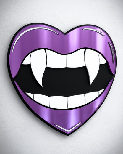 Gothic vampire lips mirror wall art in purple acrylic with fangs and black centre