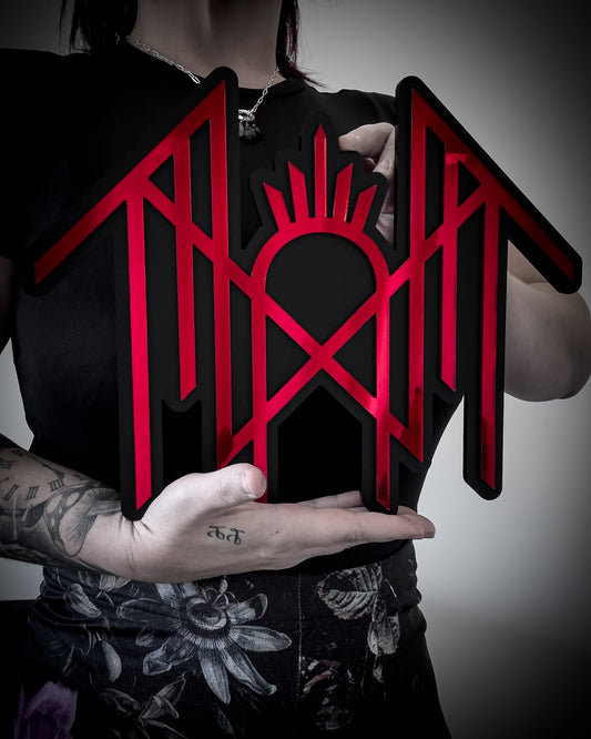 Gothic Red worship sigil wall art shown in hand